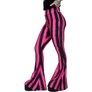 Too Fast Hellz Bellz Pink and Black Striped Women's Flare Pants